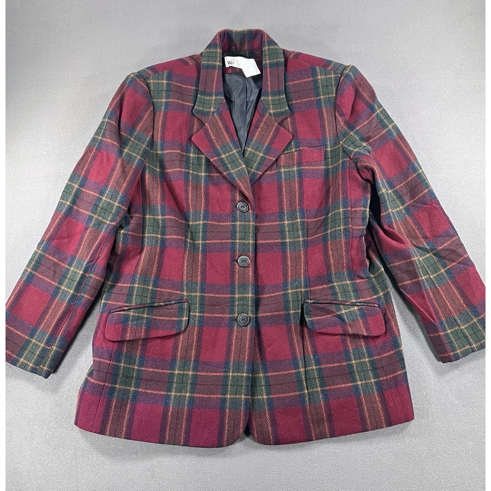 VTG 90s White Stag 14 Wool Blend Red & Green Plaid Blazer Jacket Preppy Tailored